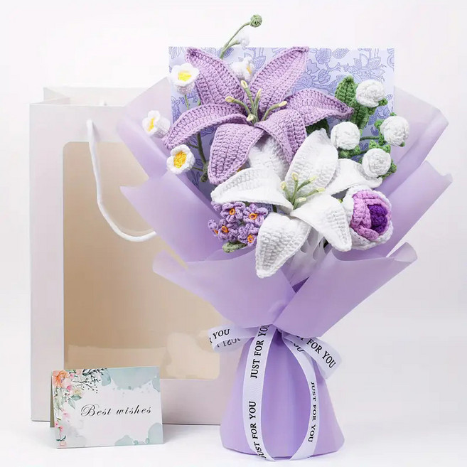 手工毛線花束, 百合玫瑰混搭 - 紫色 盒子包裝, 1個