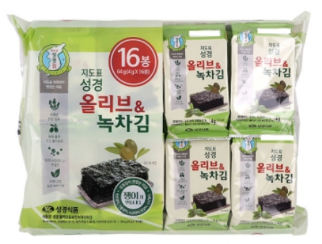 성경 올리브녹차 식탁김 도시락김 녹차김 올리브김, 64g, 4개