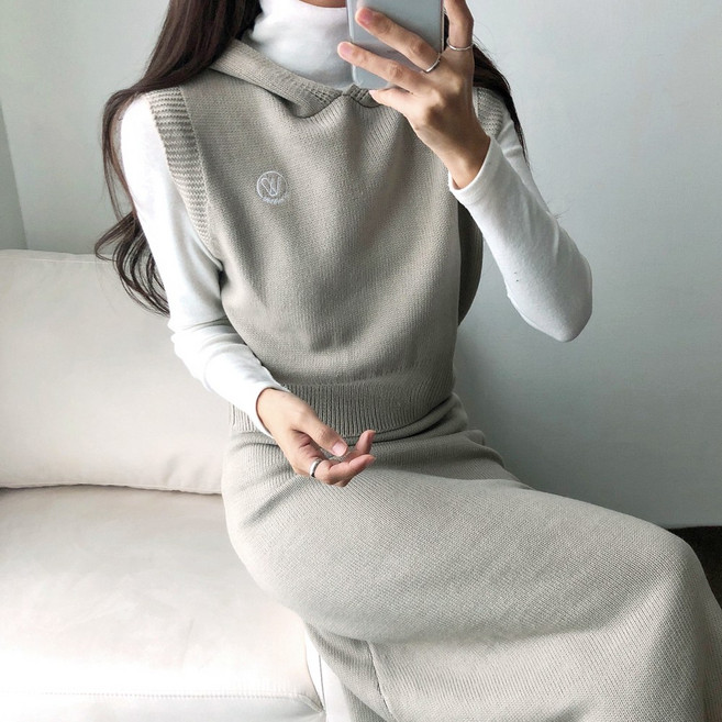 요시아나 [당일발송] 데일리코디 록사나 후드조끼 롱스커트 니트투피스 3컬러