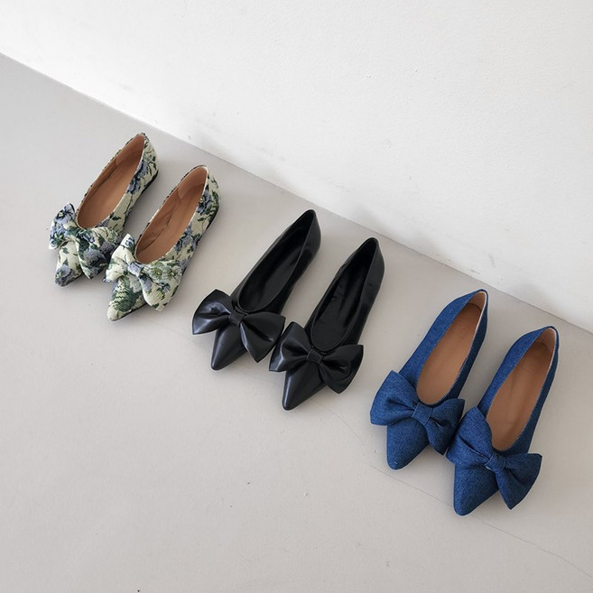 뾰족 리본 포인트 쿠션 플랫 슈즈 1cm 3color