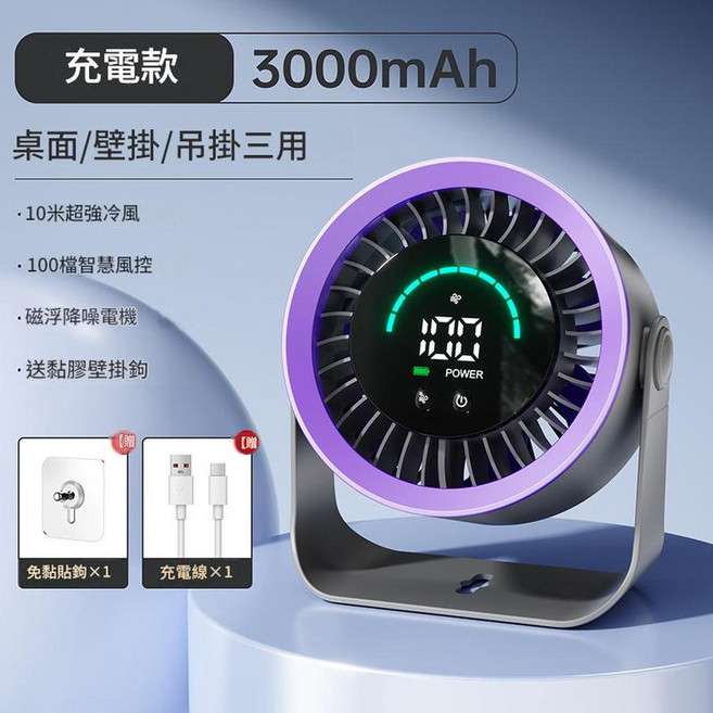 JWJJ 靜音桌面渦輪小風扇 充電款 3000mAh 100檔智慧風 桌面/壁掛/吊掛三用, 深灰色充電款3.5 - 18H續航, NS11