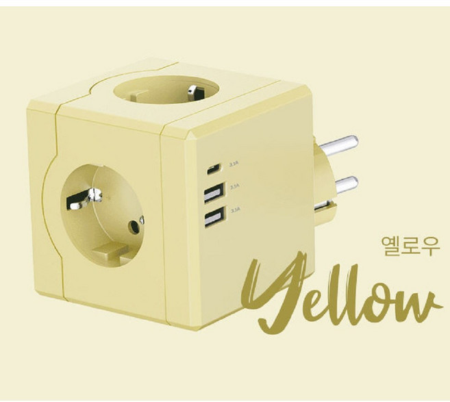 델메이트 에코너 MT01-02-03 큐브 멀티탭 콘센트 3구+C 타입 1포트+ USB A 2포트, 1개, 옐로우, 7.6cm