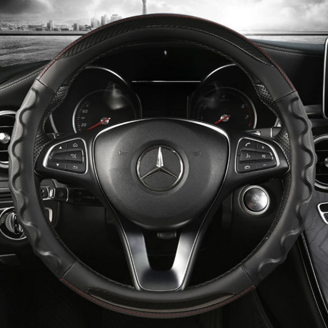 디엔지 프리미엄 논슬립 자동차 가죽 핸들 커버, 블랙