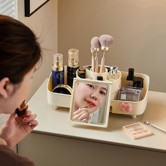러브심플 다용도 화장품정리함 + 메이크업 스퀘어 무선 LED 거울, 크림노랑, 1개