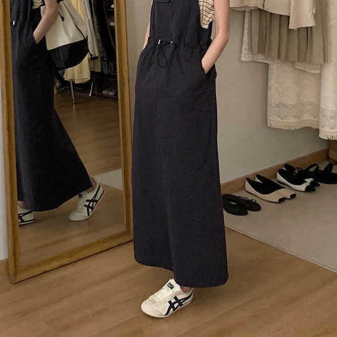 韓系工裝揹帶裙洋裝長裙 寬鬆顯瘦氣質休閒長款吊帶裙子