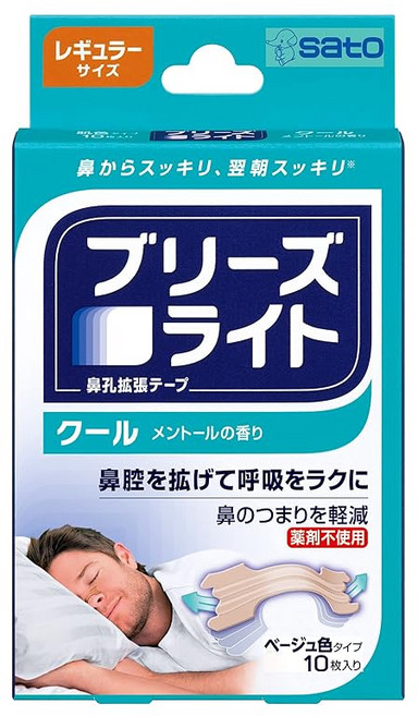 사토제약 브리즈라이트 쿨 레귤러 피부색 콧구멍확장테이프 숙면 코골이 경감 10매입, 1개, 상세페이지 참조