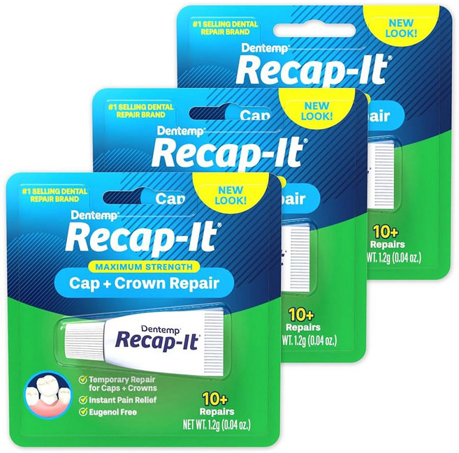 Dentemp Recap-It 캡 및 크라운 수리 치과 키트 - 루즈 캡용 빠른 작동 포뮬러 덴탈 시멘트 (3팩) - 크라운 및 브릿지용 임시 시멘트