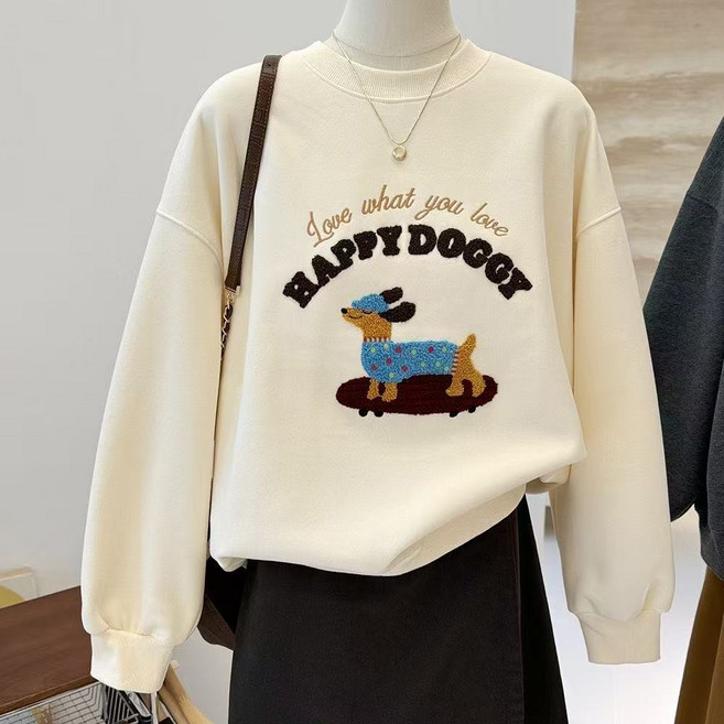 AURALA 여성 맨투맨 봄 가을 빅사이즈 루즈핏 패션 강아지 자수 라운드 긴팔 코디 상의