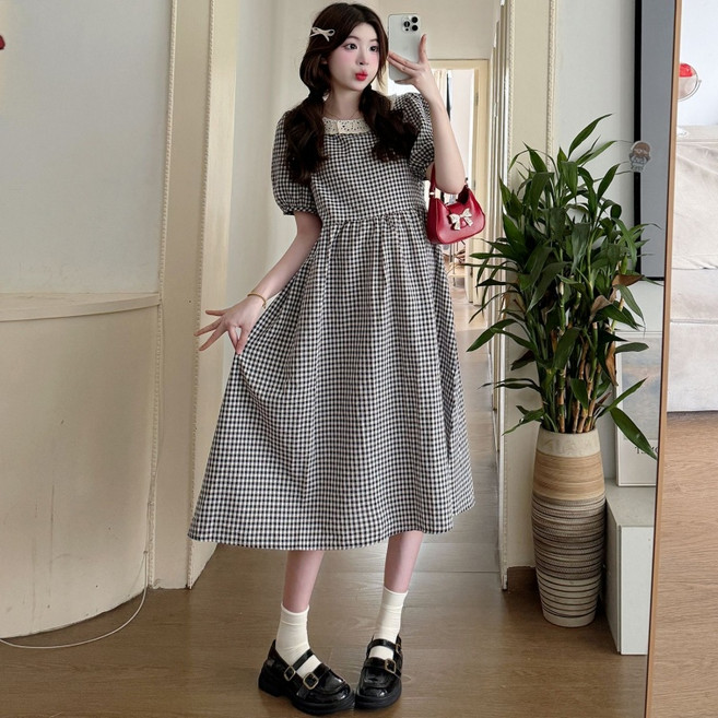 휠렉스 여성 임산부 슬림핏 체크문의 순면 원피스 PY73