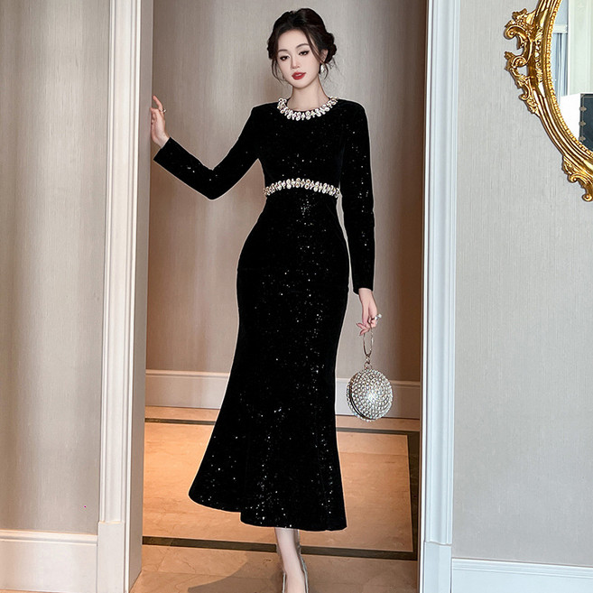 【名媛鑲鑽】魚尾連衣裙 禮服裙 晚禮服 連衣裙 長裙 包臀裙 收腰顯瘦 圓領鑲鑽 氣質優雅 年會派對 婚宴禮服, 黑色