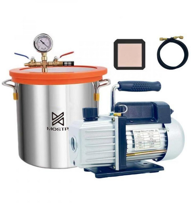 MOSTR 탈포기 레진 기포제거 고성능 소형 진공 실리콘 에폭시 가정용, 1세트, 4CFM 펌프 + 5.6L 버킷