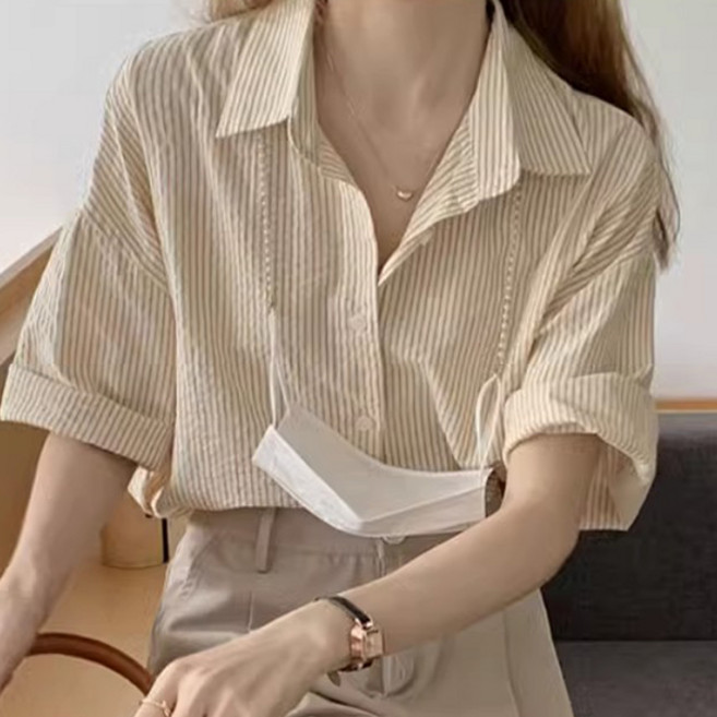 유니온 여성 스트라이프 데일리 반팔 셔츠