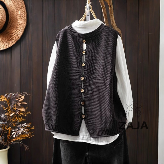 ZAJA 여성 오버핏 라운드넥 니트 베스트 봄가을 데일리 캐주얼 니트 조끼(뒷단추 디자인)