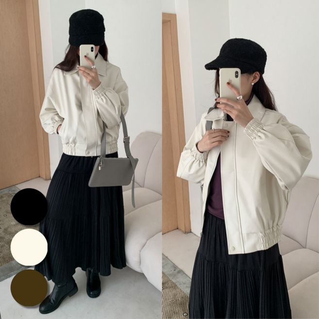 핏몬 여성 가벼운 오버핏 인조가죽 긴팔 블루종 자켓