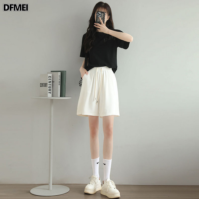 DFMEI 黑色西裝短褲女夏季薄款寬鬆高腰a字顯瘦闊腿休閒小個子五分中褲