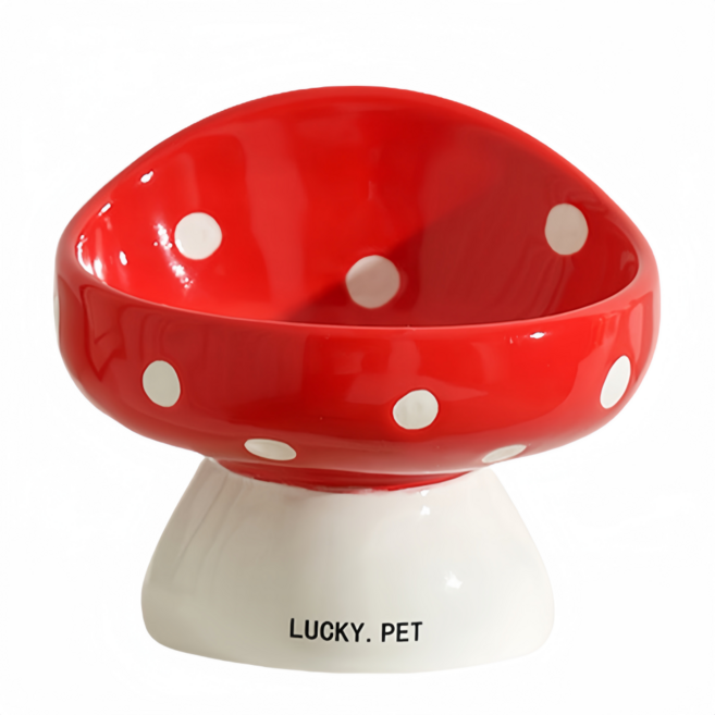 반려동물용품 스탠드형 고양이 강아지 밥그릇 도자기 고양이물그릇 러블리 버섯 애견밥그릇, 빨간색, 1개