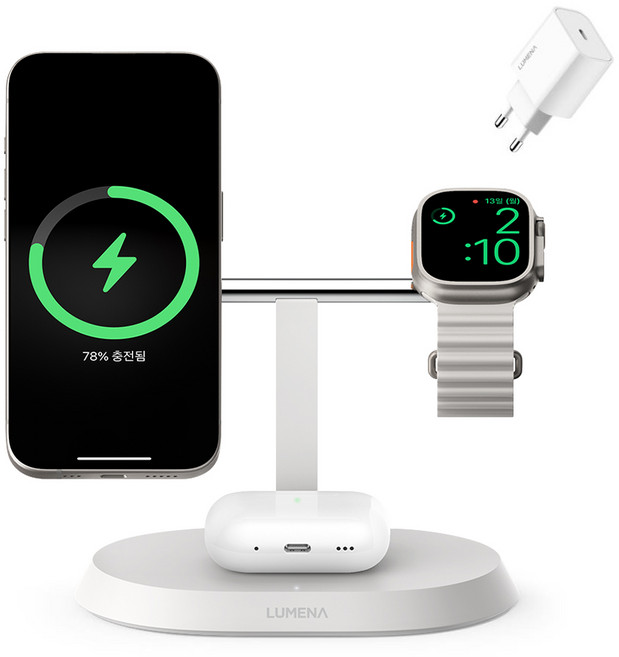 루메나 3in1 맥세이프 15W 무선충전기 STATION, 실키 화이트, 1개