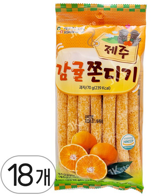 에코푸드 제주 감귤 쫀디기 옛날 간식 과자 스낵 문방구 군것질, 18개, 70g