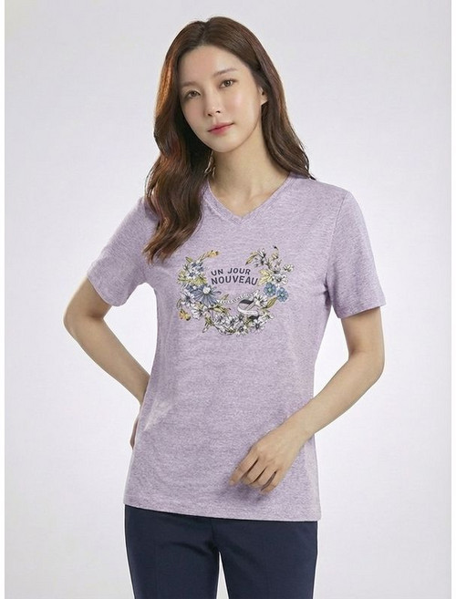 올포유 올포유 여성 프린팅 브이넥 반팔 티셔츠 ALQTN3211-607