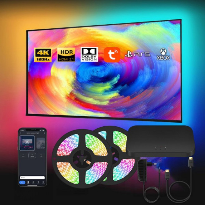 스마트 환경 TV Led 백라이트 및 HDMI 2.1/2.0 동기식 박스 Led 막대 램프 키트 Tuya Wifi Alexa 음성 구글, For 49 55 inch TV, US PLUG, 02 Sync Box  HDMI 2.1