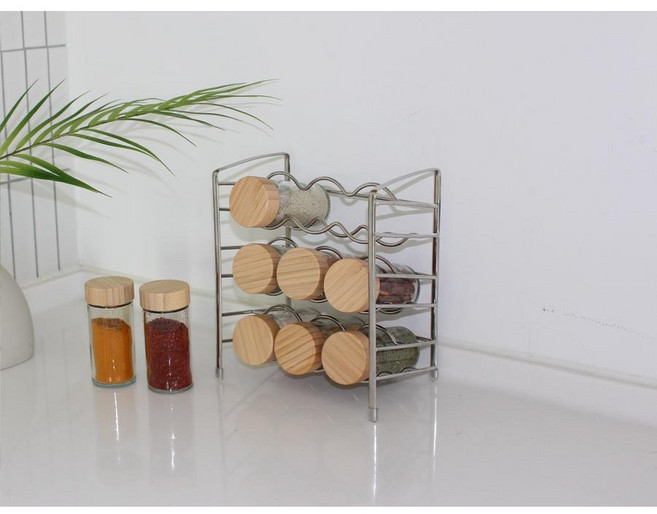 공간앤 주방 양념통 정리대 2단 선반 스텐 우드 뚜껑 유리병100ml 6칸 / 9칸, 스텐레스랙+우드뚜껑유리병, 9개