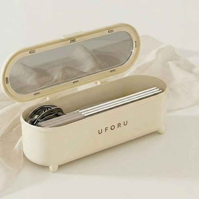 타니아홈 뚜껑있는 먼지차단 물빠짐 수저통 정리함, 베이지, 1개