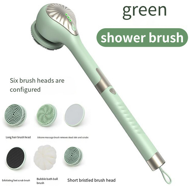 6in 1 전기 실리콘 목욕 브러시 백 스크러버 헤드 2개 속도의 USB 충전식 샤워 마사지, 01 Green