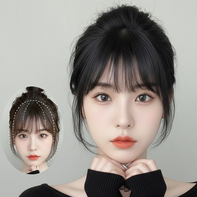 피플피 여성 시스루뱅 사이드뱅 인모 앞머리 가발, 1개, 내추럴 블랙