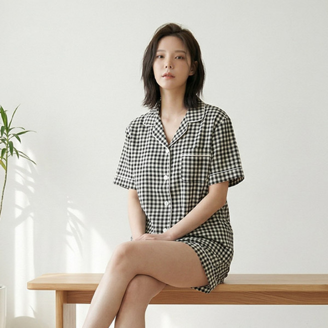 심플 메리 체크 반팔 파자마 홈웨어 세트 (4color)