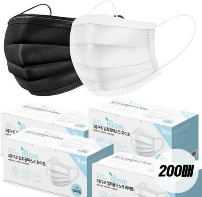 (200매)3중필터 일회용 덴탈마스크 자외선차단 대형 화이트블랙 마스크 마스크성인용, 화이트, 1개, 250매