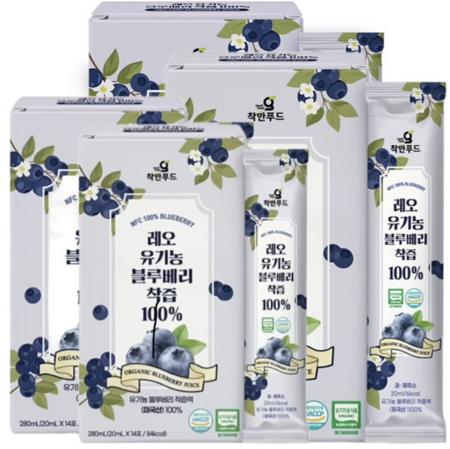 [1+1] 착한푸드 레오 유기농 블루베리착즙 100%, 280g, 4개