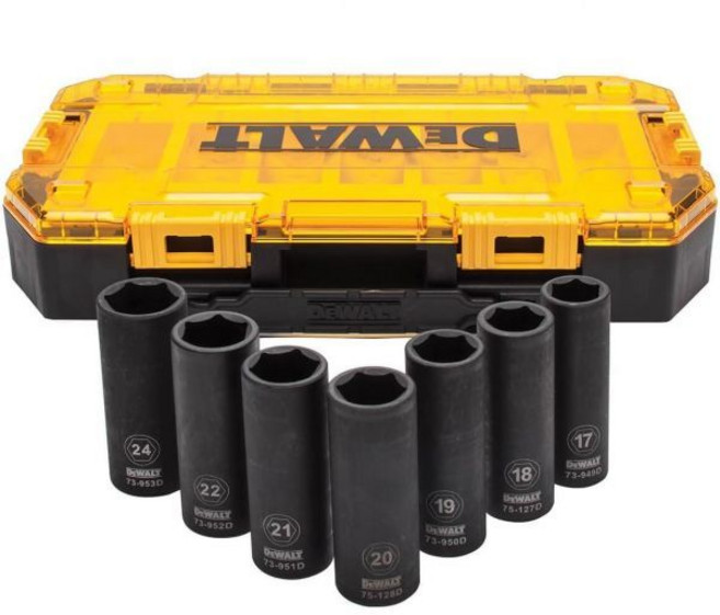 DEWALT DWMT74737 터프 박스 7PC mm 1/2 딥 드라이브 임팩트 소켓 세트, 미터법, 1개