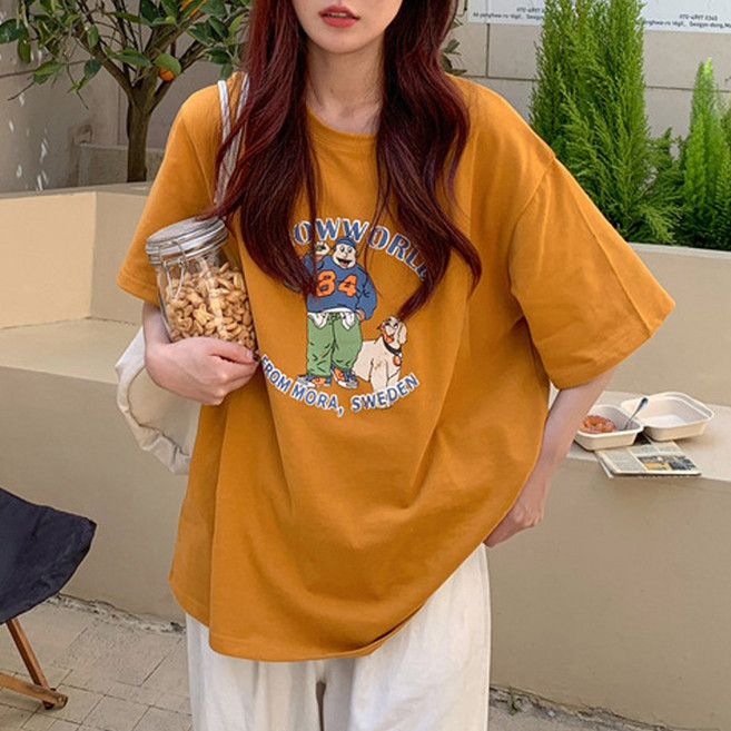 cammello 스노우월드 프린팅 루즈핏 반팔 티셔츠 여성 면티 박스티