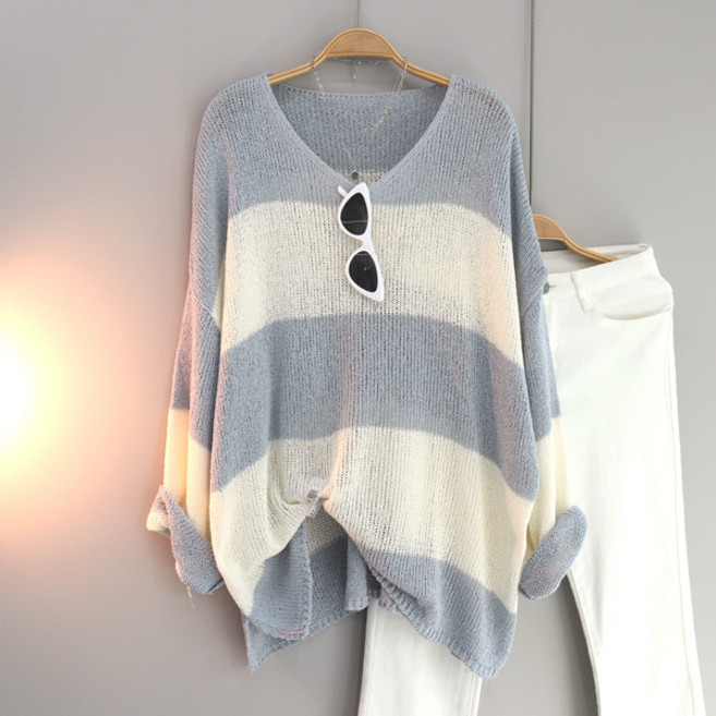 달콩 프론부클브이넥단가라니트 여성 루즈핏 브이넥 단가라 긴팔 봄 여름 긴팔