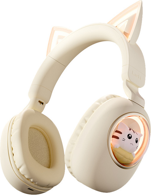디알고 고양이귀 캐릭터 LED 키즈 블루투스헤드폰, 카키, BH038C