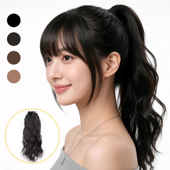 여성 포니테일가발집게 똥머리 웨이브 부분 가발, 1개, 내츄럴 블랙