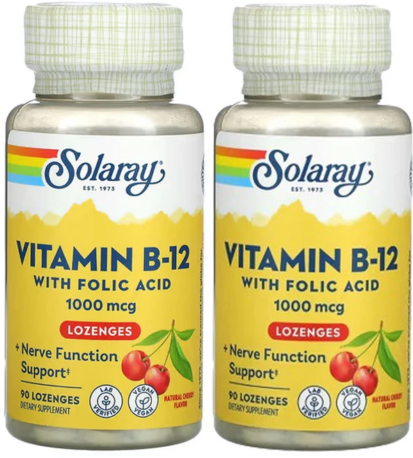 솔라레이 비타민 B-12 1 000mcg 90체리 사탕 정제, 2팩, 90정 - 쿠팡