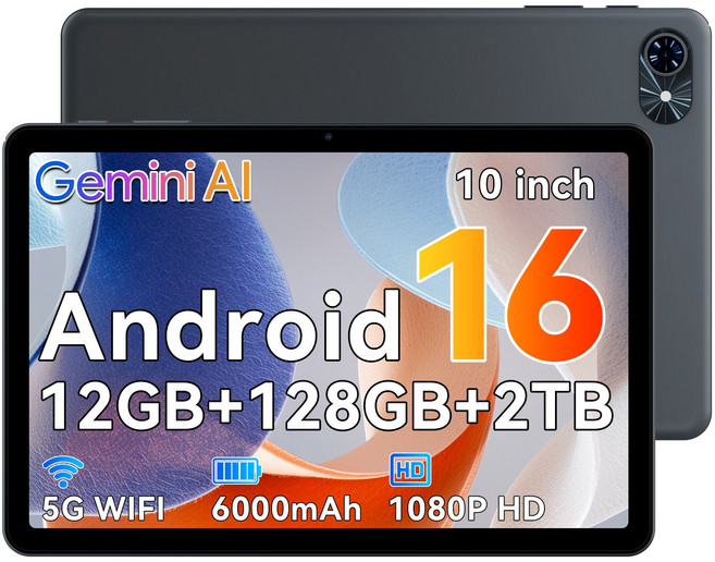 TABWEE 10인치 Android16 Gemini AI2.0 태블릿 12GB+128GB 2TB확장 120Hz 5GWiFi 6000mAh 테블릿 pc, 회색, 128GB, Wi-Fi