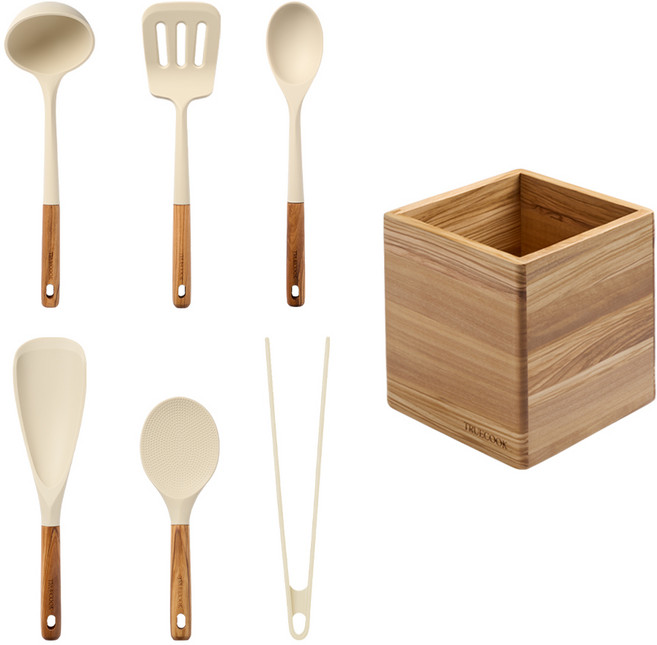 트루쿡 이탈리아산 올리브 실리콘 조리도구 6종 멀티함 세트, 1세트, 국자+뒤집개+서빙스푼+멀티스푼+주걱+집게+멀티함
