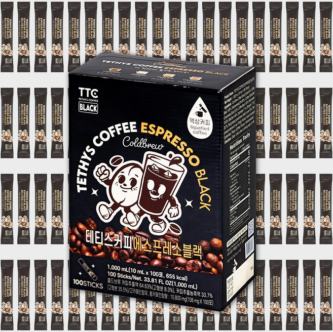 테티스커피 블랙 100포 콜드브루 원액 스틱 더치커피 파우치 대용량 고카페인, 1개, 100개입, 10ml