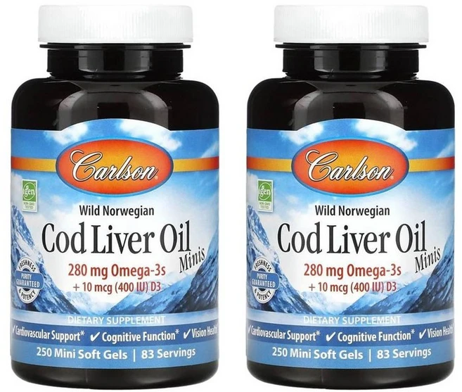 Carlson Wild Norwegian Cod Liver Oil Minis 칼슨 와일드 노르웨이 대구 간유 미니, 2개, 250정 - 쿠팡