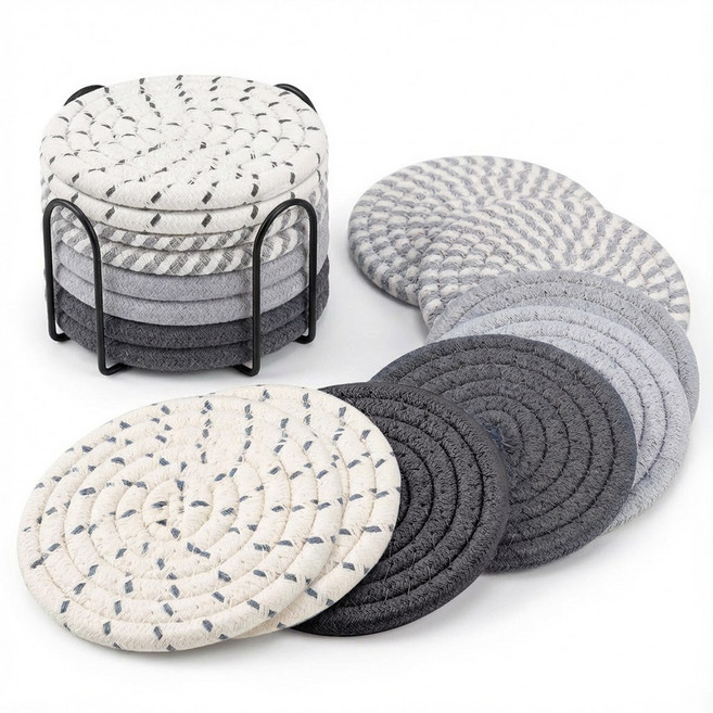 Jeernare 두툼한 코스터 삼베끈 컵받침 8개+수납 스탠드 세트, 1세트, 그레이 혼합