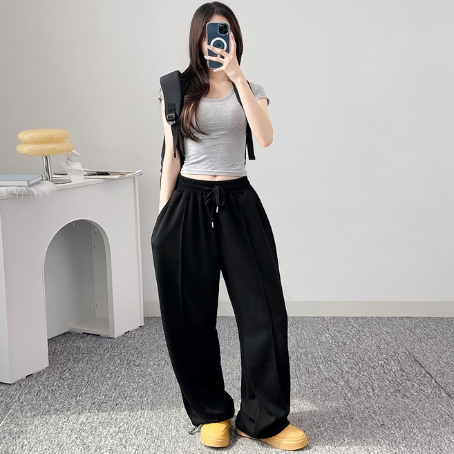 자체제작 어브라운 여성 밑단조임 스트링 핀턱 조거 와이드 트레이닝 바지 츄리닝 팬츠