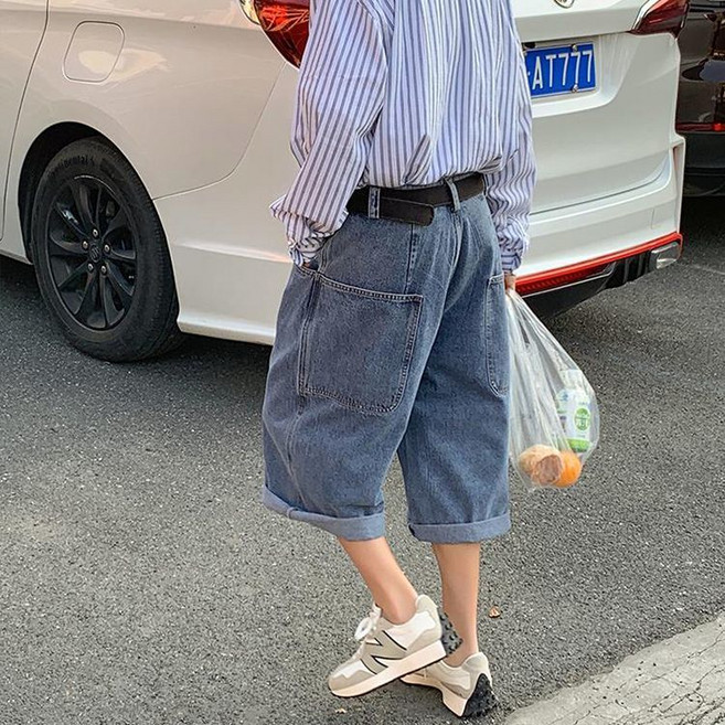 남성 칠부 청바지 봄 여름 빈티지 카고 데님 팬츠 캐주얼 와이드 일자 슬랙스 바지 YHY