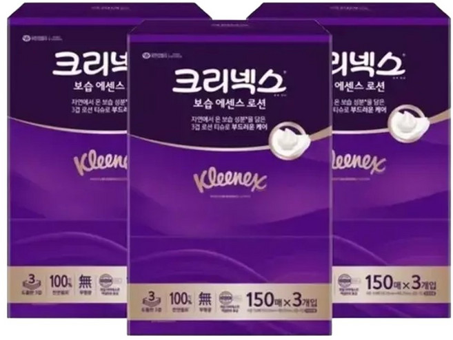 크리넥스 크리넥스 보습 에센스로션 미용티슈 150매 3입x3팩, 3개