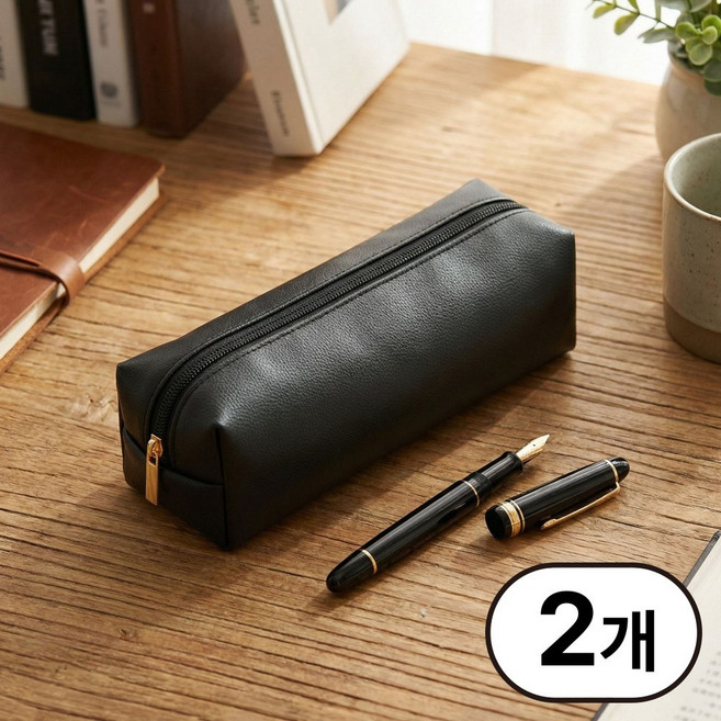 데인트 가죽 필통 심플 슬림 사각 미니 파우치, 2개, 블랙