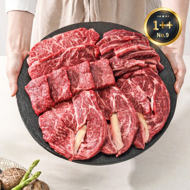 [미쓰하누] 1++(9)한우 구이모듬 프리미엄800g 등심+채끝+살치살+갈비살, 1개