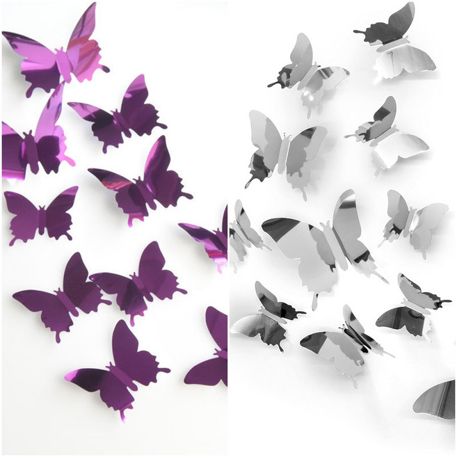 예삐스토어 12p 입체 나비 포인트 벽장식 자석부착 스티커 3d 벽지 데코 아이방, 실버+퍼플