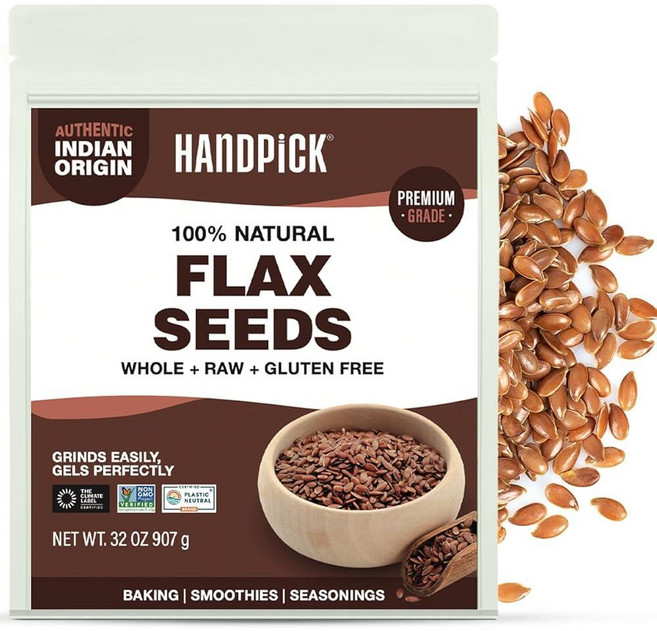 HANDPICK 통 고수 씨앗 프리미엄 등급 | 순수 맛있는 인도산 프리 글루텐 요리 시즈닝에 적합 재밀봉 가능한 지퍼락 파우치 240887, Flax Seeds, 283g