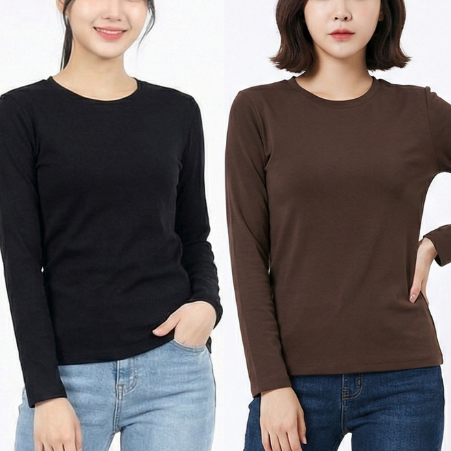 바이로이 1+1 여성 무지 라운드넥 긴팔티